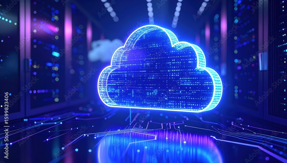 Poster digital cloud storage concept illustration featu blockchain data network in a high tech server room 