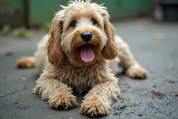 Happy Puppy Laying Down with Tongue Out in a Relaxed Pose