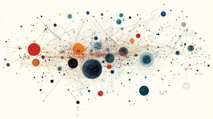 Abstract artwork depicting a network of interconnected nodes of varying sizes and colors,