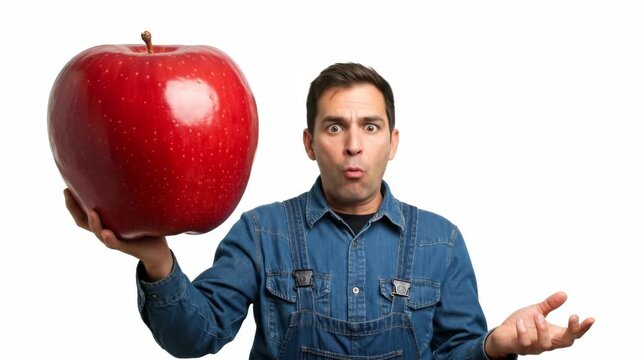Amazed Man Holding a Giant Red Apple - A man in denim overalls looks shocked while holding an enormous red apple. The size of the apple is comically large compared to the man.