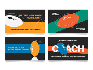 A set of business cards offering rugby coaching, team building, skills development and one-to-one tuition for youth and adults
