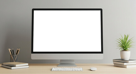 Fototapeta premium Minimalist Workspace with Blank Computer Screen and Plant