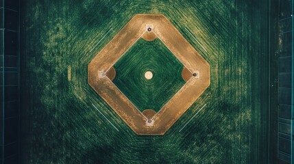 An overhead, dimly lit shot of a baseball diamond at night, the infield dirt a contrasting tan against the dark green outfield grass, showing the bases and pitcher's mound clearly. 