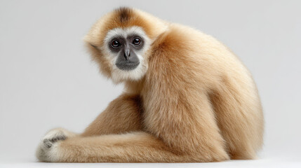 Obraz premium Golden monkey sitting alone isolated on white background curious looking primate wild animal species for wildlife poster or zoo brochure