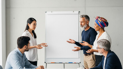 Diverse team brainstorming around a clean whiteboard in minimal office