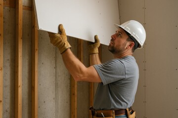A construction worker is fitting drywall panels in an interior space. The area shows wooden framing and a partially finished wall. The worker is dressed for safety and focused on the task
