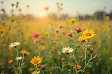Field of Colorful Wildflowers in Sunlight with Soft Focus