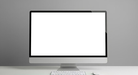 Fototapeta premium Modern desktop computer with blank white screen, keyboard and mouse on white table