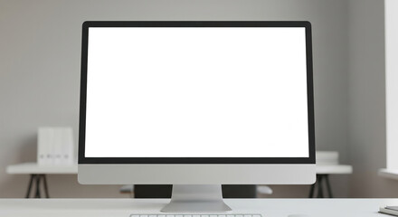 Fototapeta premium Modern Computer Monitor on a White Desk in a Minimalist Office