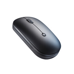 Compact wireless black mouse with scroll wheel and side buttons, minimalistic design for desktop and laptop users, on transparent background