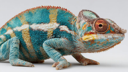 Obraz premium Colourful chameleon standing still on white background tropical lizard reptile camouflage animal for wildlife poster and science blog