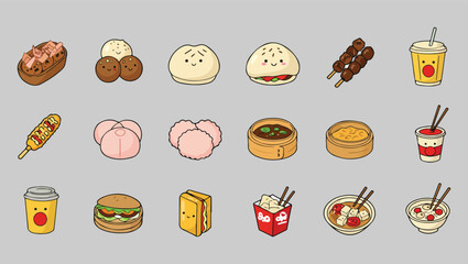 A Flat Bold Icon Set Unique and Traditional Asian Street Food Items