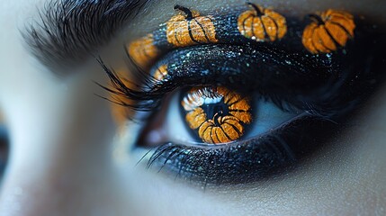 Pumpkin Spice Eye Makeup: A Close-Up Shot of Halloween-Inspired Eye Makeup with Pumpkins