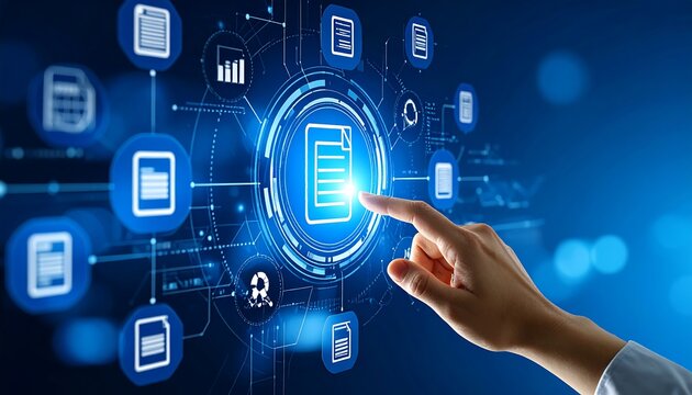 Hand interacting with digital document interface (2) - Powered by Adobe