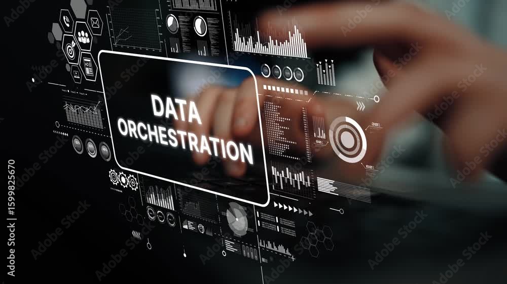 Poster data orchestration concept with digital interface showing analytic graphs and hands typing on a keyb