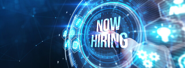 Business, Technology, Internet and network concept. NOW HIRING inscription, modern technology...