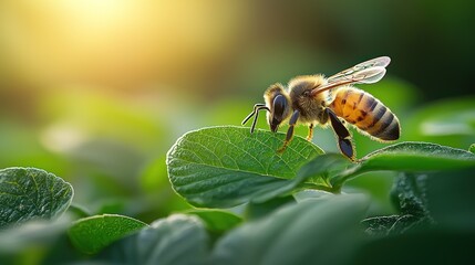 Honeybee on Soybean Leaf at Golden Hour