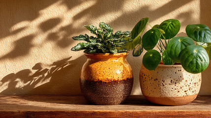 Cozy And Inviting Indoor Plant Display With Textured Pots Casting Shadows On A Warm Wall