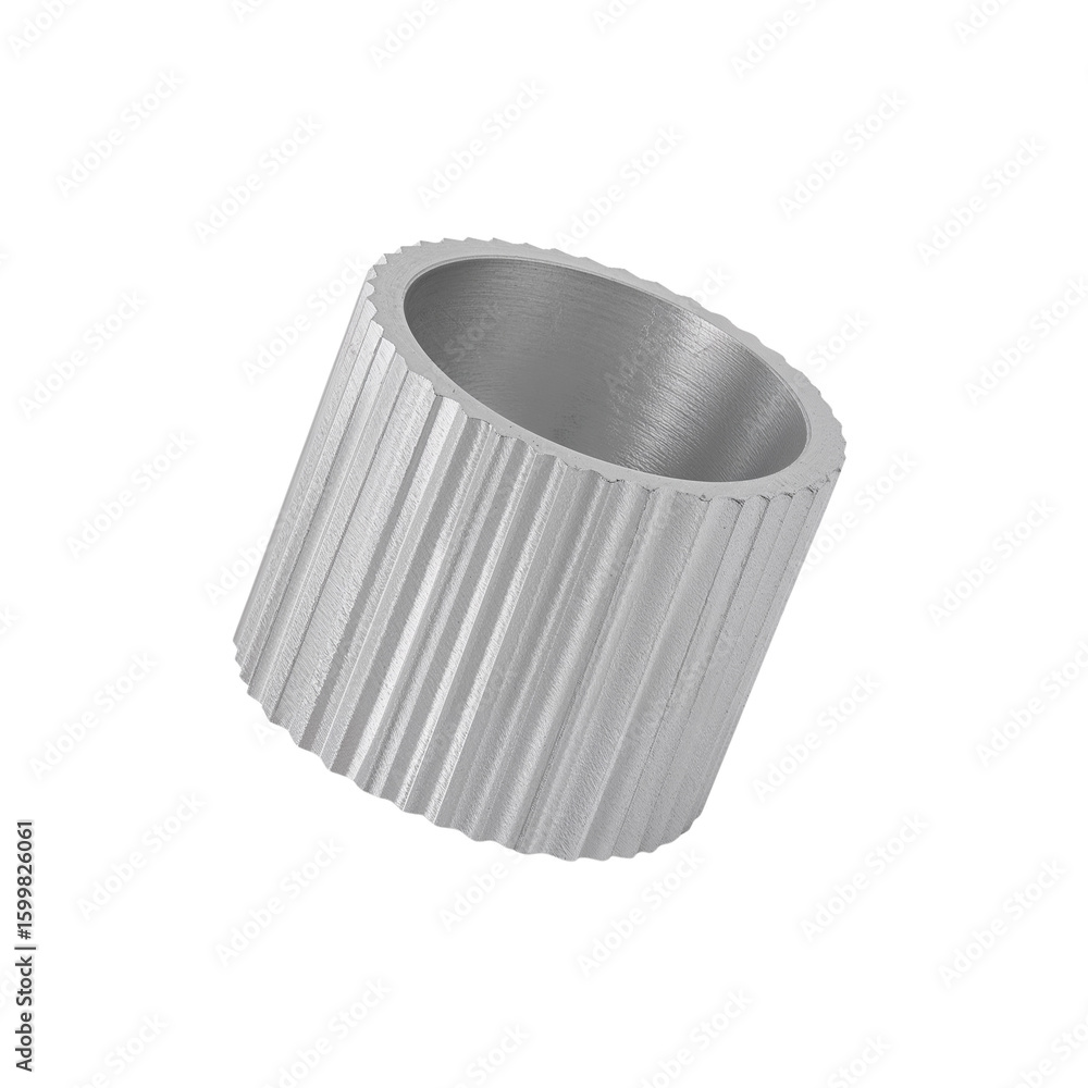 Poster silver ridged cylinder object with elegant design floating on transparent setting