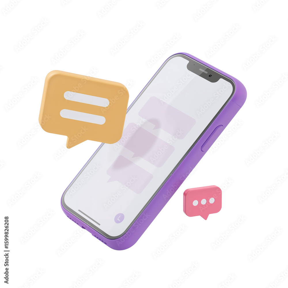 Poster stylized mobile phone floating with message bubbles, a modern communication concept on transparent