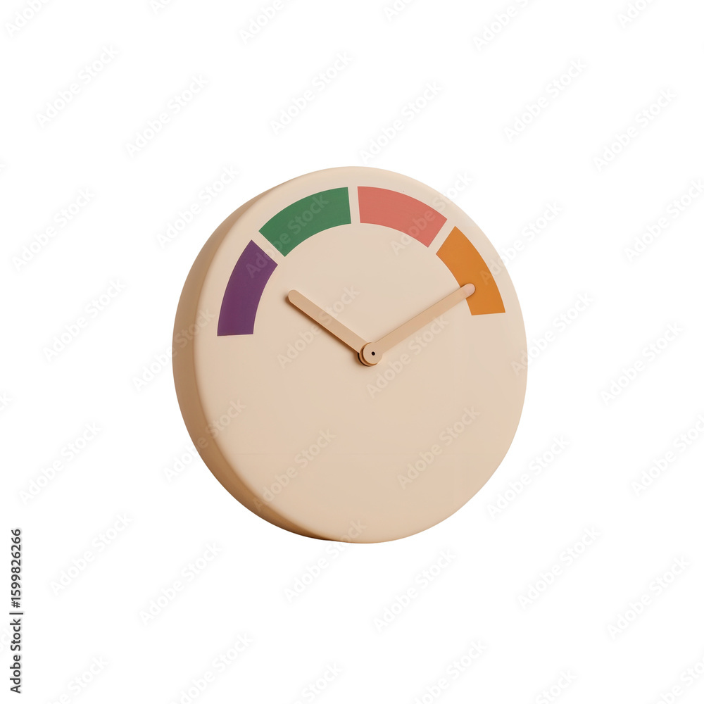 Poster minimalist clock face with pastel spectrum gradient design, modern timepiece isolated on