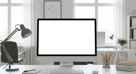 Fototapeta premium Modern Workspace with Computer, Desk Lamp, and Office Supplies in Bright Room