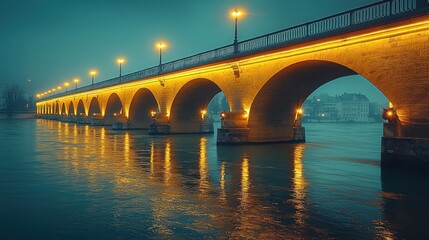 Night Lights on the Stone Bridge Reflecting in the Calm River