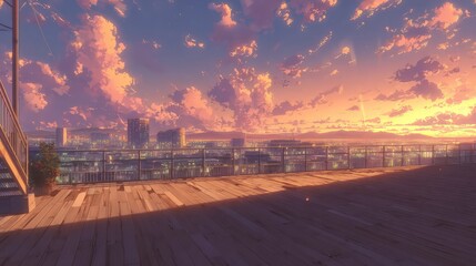 Pixel Art Rooftop City Sunset View