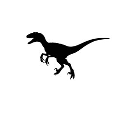 Obraz premium A black silhouette of a velociraptor dinosaur, poised in a dynamic stance, against a white background.