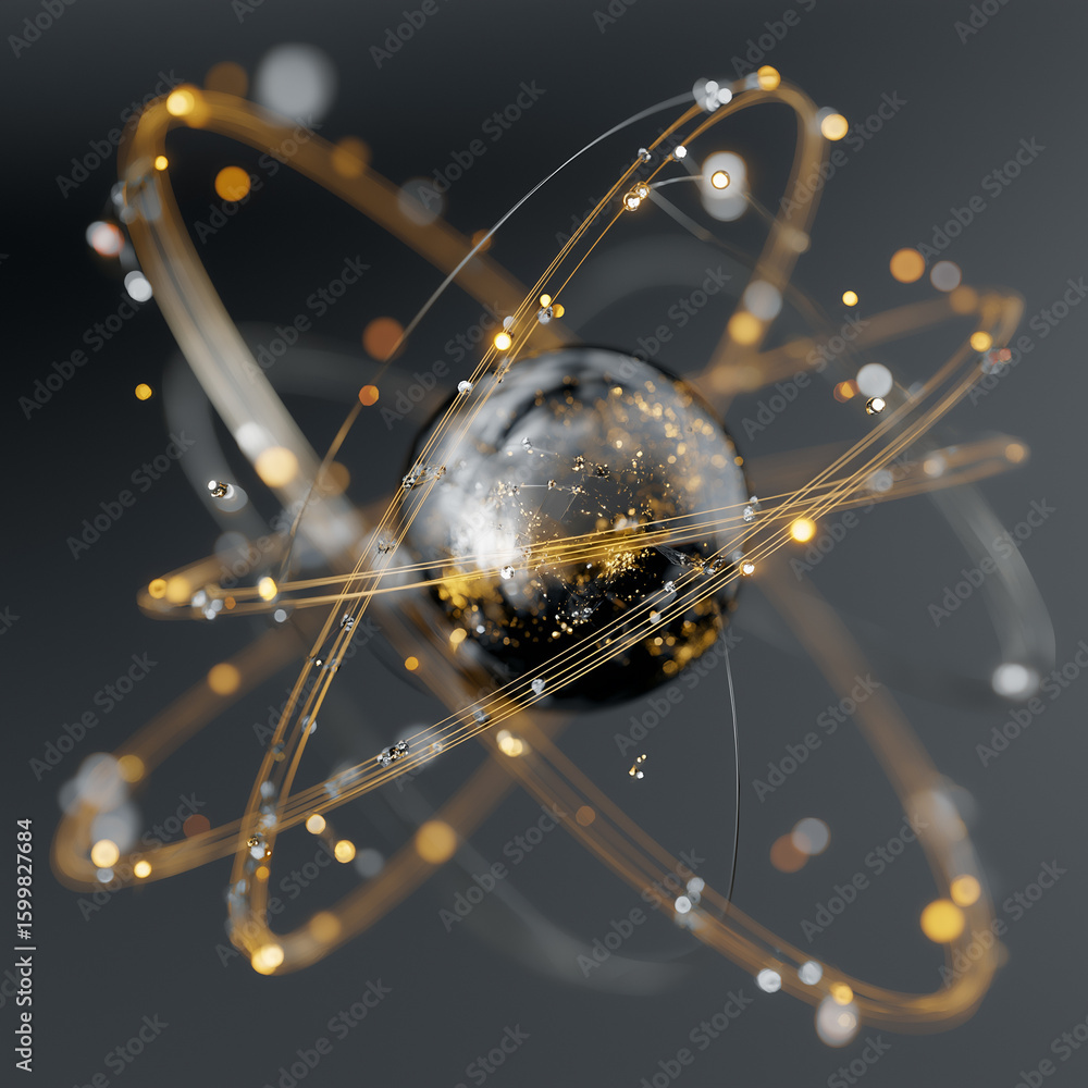 Poster quantum sensor technology detection navigation. military tech. a glowing atomic model with satellite