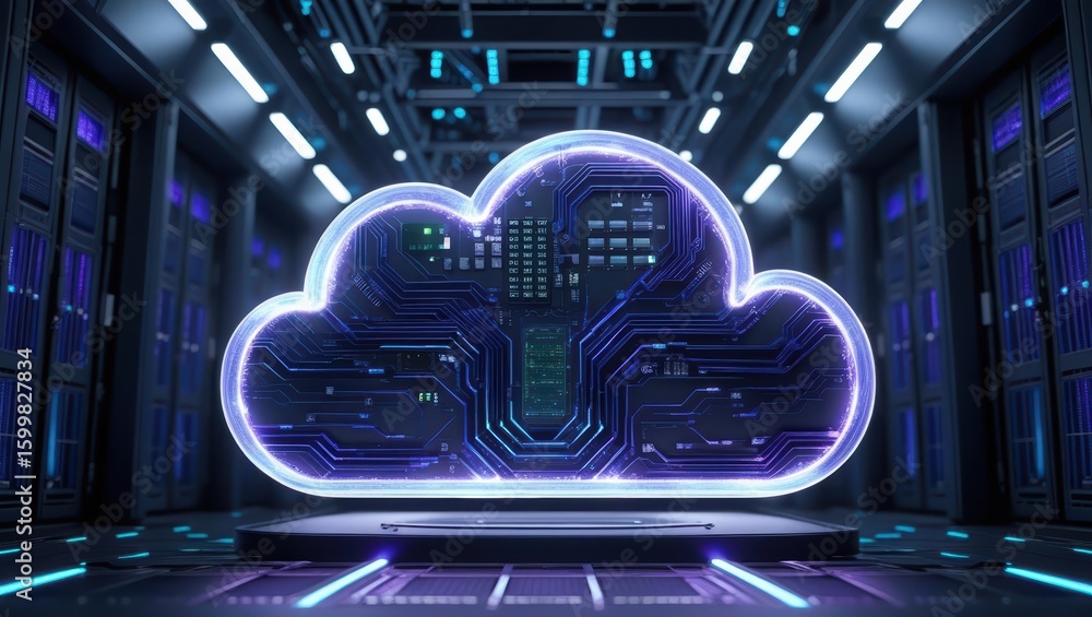 Poster futuristic digital cloud icon with circuitry and data network hologram in a modern data center with 