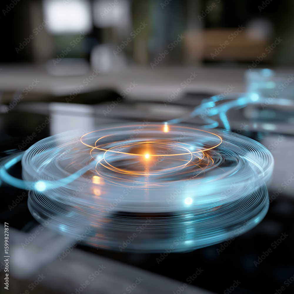 Poster quantum sensor technology detection navigation. military tech. quantum compass glowing with atomic v
