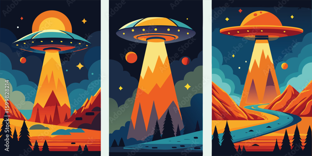 Poster three posters featuring flying saucers hovering over a dense forest, showcasing different artistic s