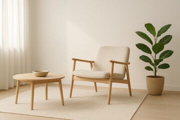 A chair next to a plant in a room.