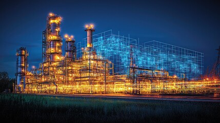 Night View of Illuminated Industrial Refinery with Digital Overlay