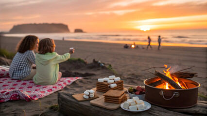 Friends enjoy a campfire and s'mores at sunset on the beach in a beautiful outdoor scene