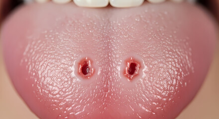 Fototapeta premium Close-up of a human tongue with two holes, possibly piercings or wounds, showing a medical or body modification concept.