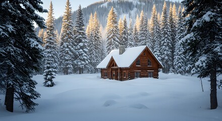 Naklejka premium Snow covered log cabin in a winter forest