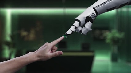 A modern office scene featuring a hand and a robotic arm interacting with a digital interface showcasing ecology, renewable energy symbols, and data analytics. Auvana - Powered by Adobe