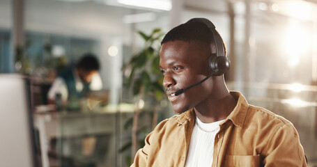 Black man, consultant and talking with headset for communication or online advice in office....