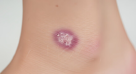 Fototapeta premium Close-up of a skin lesion on an ankle, showing discoloration and texture.