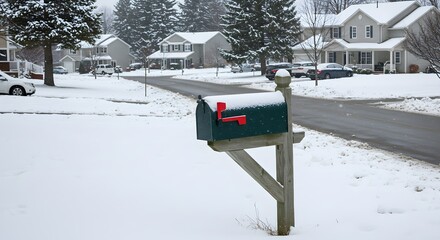 Snowy winter residential street with mailbox