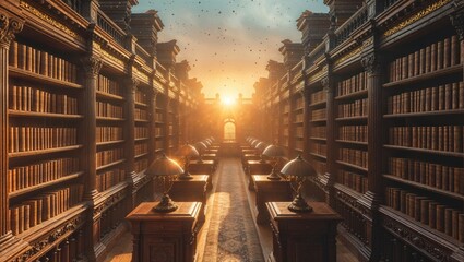 A beautiful, sunlit library with rows of old books and elegant lamps.