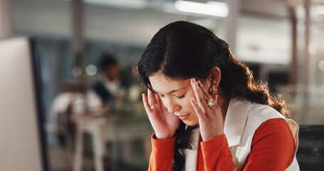 Woman, computer and headache in office with stress, creativity burnout and frustrated with pain....
