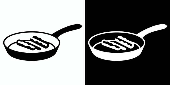 Simple black and white icon of bacon strips frying in a pan.