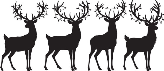 Naklejka premium Four festive deer with antlers decorated with lights silhouette