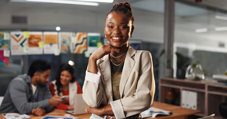 Obraz premium Portrait, leader and woman with smile, collaboration or event planner with project, group or office. Happy, coordinator and person with pride for career development, creative and meeting in business