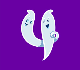 Halloween font 4 digit ghost cartoon cheerful character. Monster funny mascot font four digit or Halloween ghost cute personage English ABC vector figure or typeset number, alphabet numeral symbol