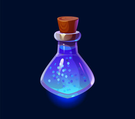 Enchanting glowing blue potion bottle with sparkling bubbles. Isolated cartoon vector mystical elixir or magical brew flask with wooden cork stopper. Wizard magic poison for fantasy magical adventure © Vector Tradition