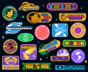 Earth sphere y2k groovy stickers, globe funky patch labels with retro typography and globe symbols. Vector set feature international vibes for travel, logistics, export and global worldwide branding